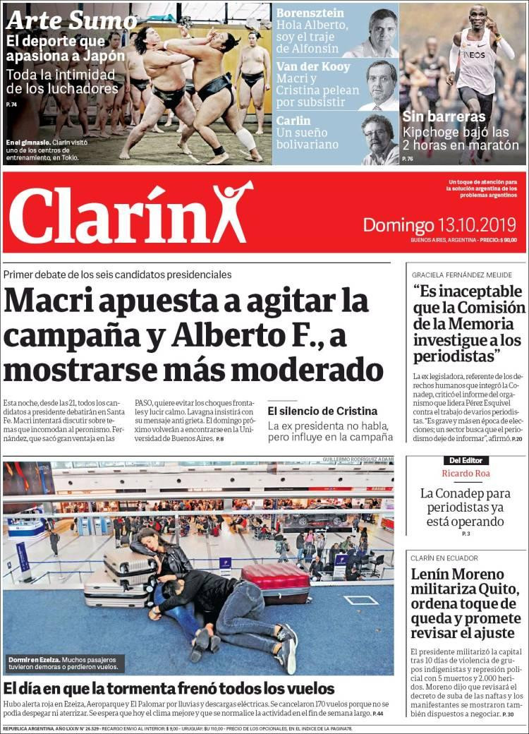 Tapas de diarios, Clarín, domingo 13-10-19