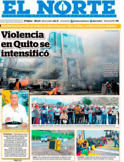Tapas de diarios Ecuador, El Norte, 13-10-19
