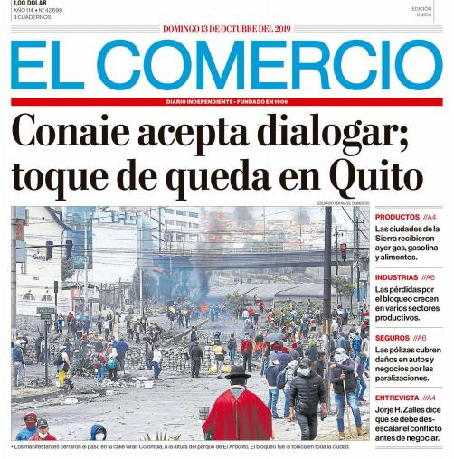 Tapas de diarios, Ecuador, El Comercio, 13-10-19