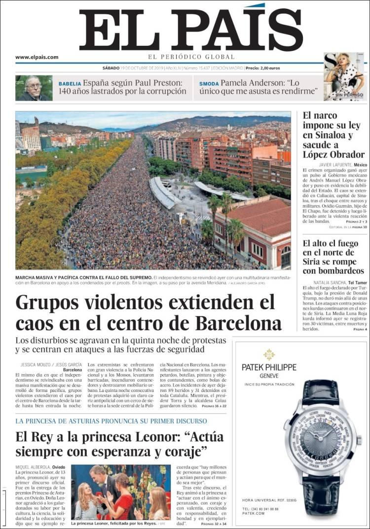 Tapas de diarios, El País, Sábado 19-10-19	