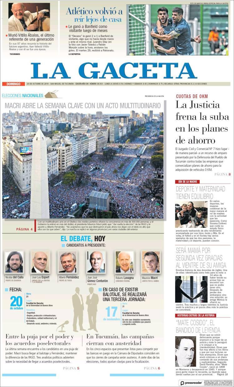 Tapas de Diarios, La Gaceta, Domingo 20-10-19	