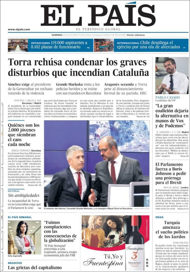 Tapas de Diarios, El País, Domingo 20-10-19	
