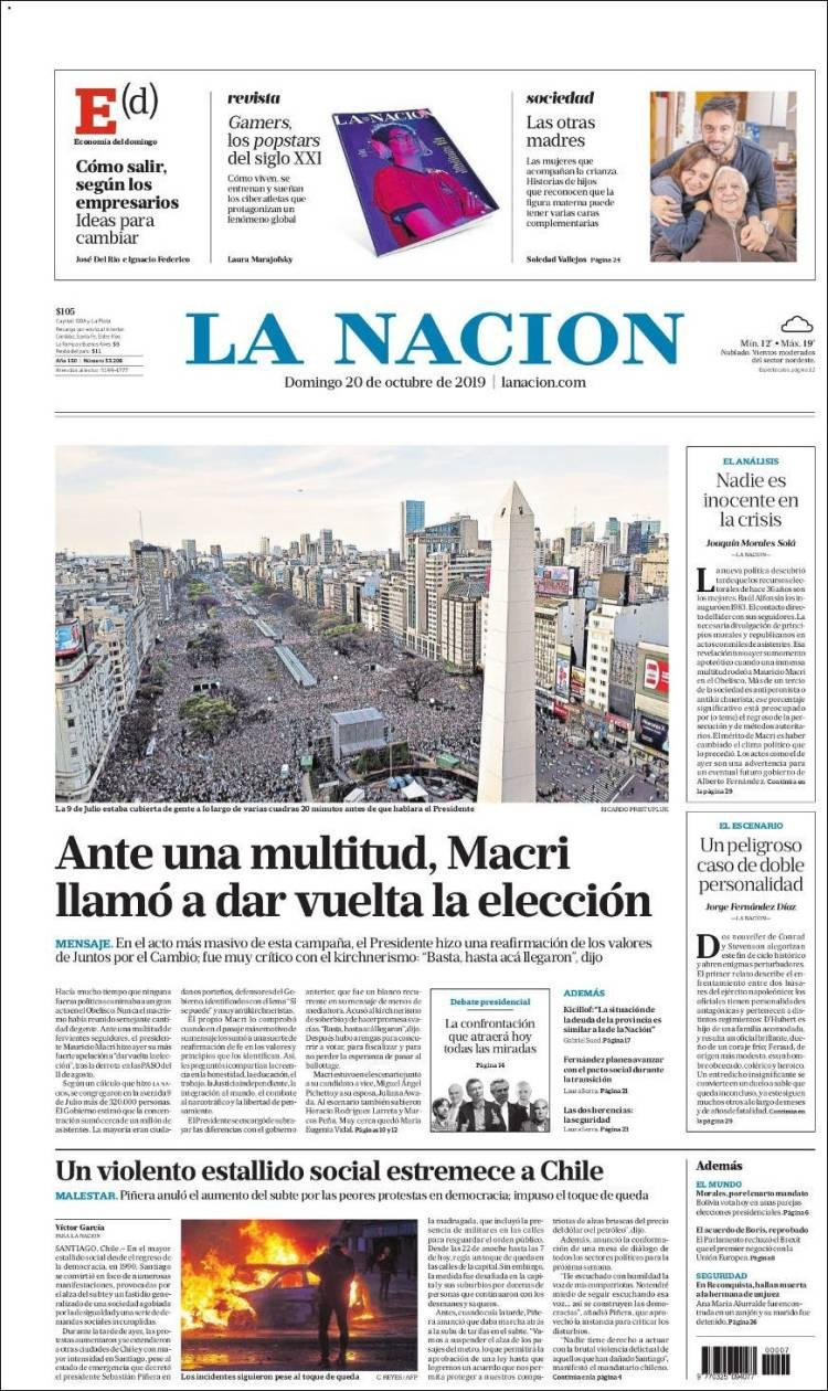 Tapas de Diarios, La Nación, Domingo 20-10-19	