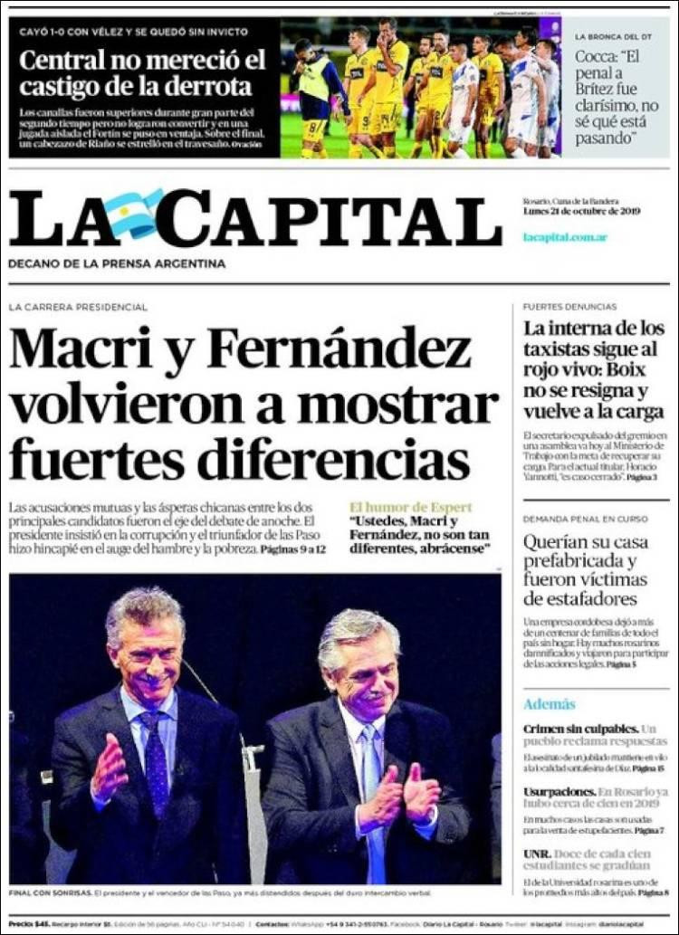 Tapas de Diarios, La Capital lunes 21-10-19