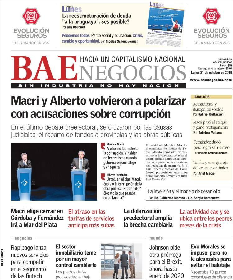 Tapas de Diarios, BAE lunes 21-10-19