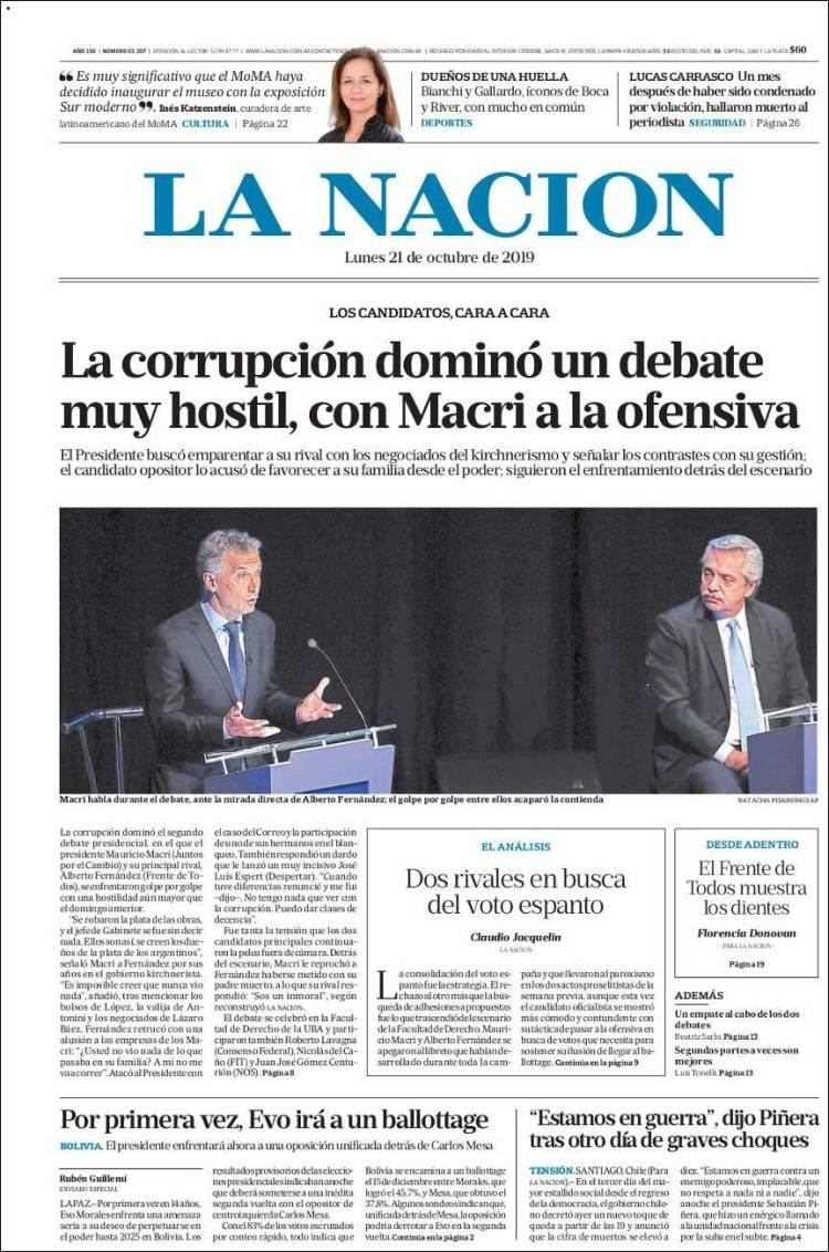 Tapas de Diarios, La Nación lunes 21-10-19
