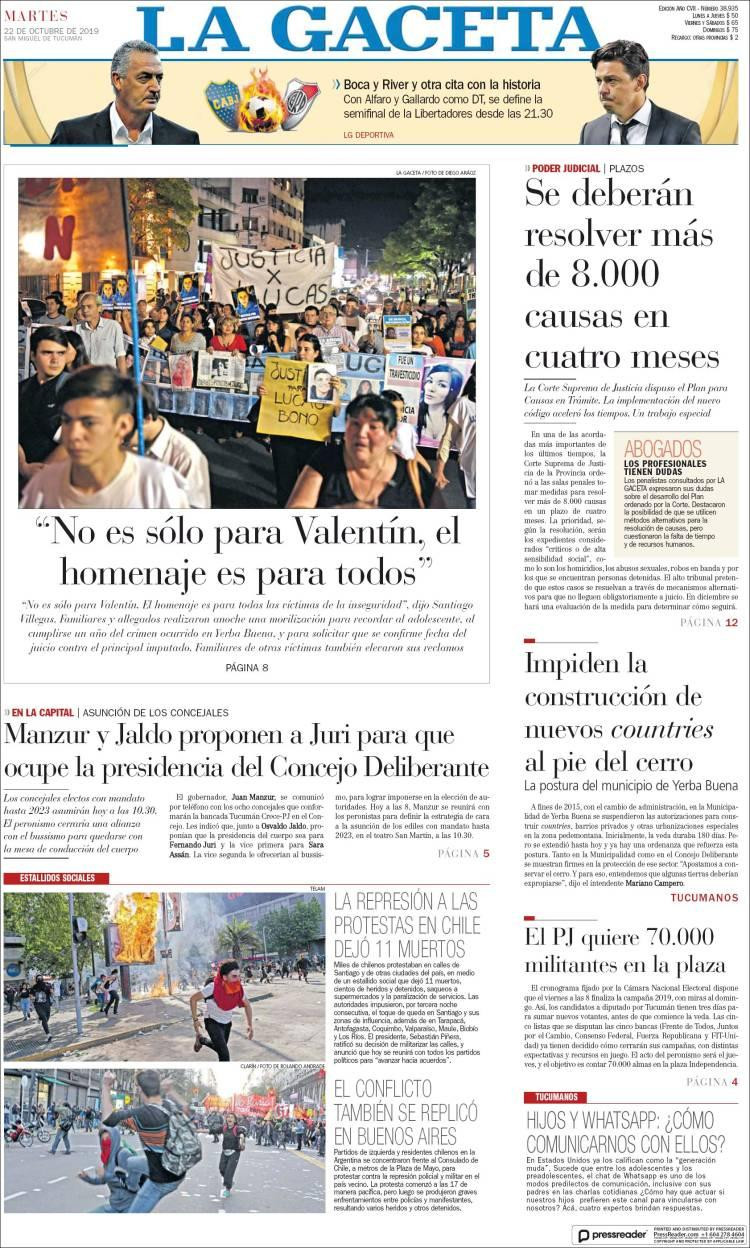 Tapas de Diarios, La Gaceta martes 22-10-19