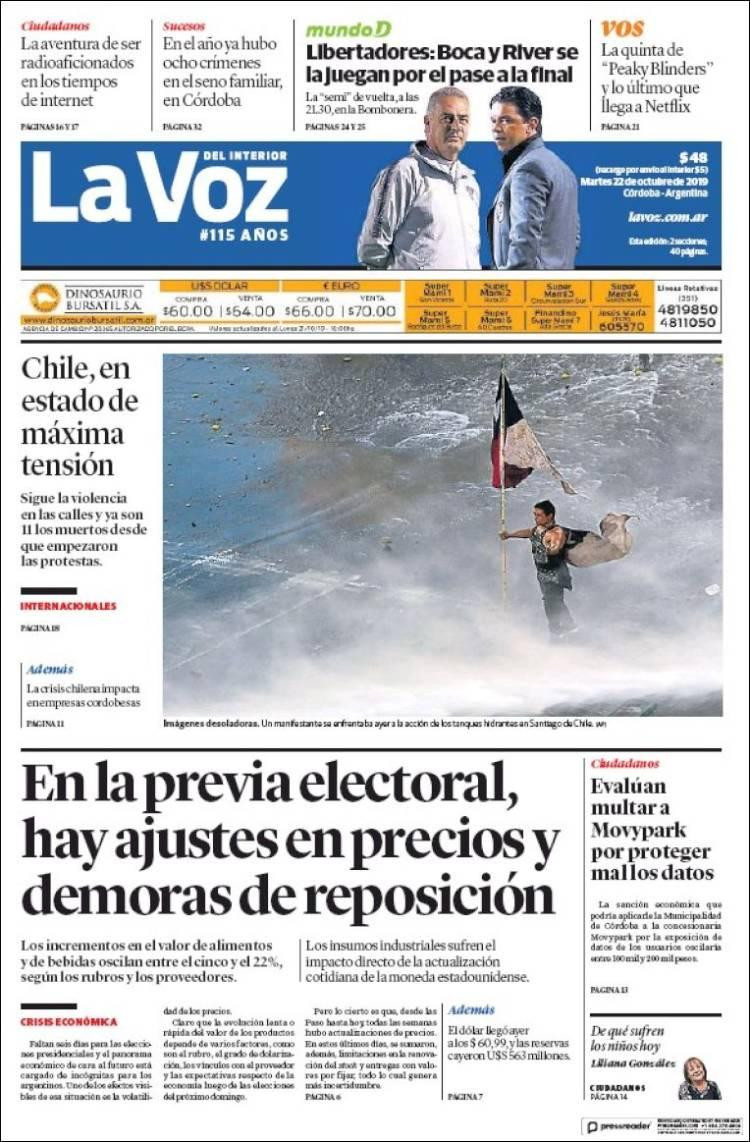 Tapas de Diarios, La Voz del Interior martes 22-10-19