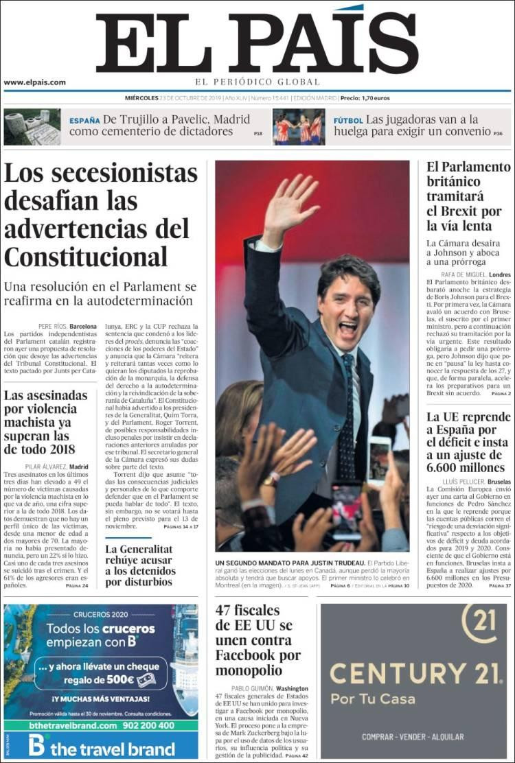 Tapas de diarios, El Pais de España, miércoles 23-10-19