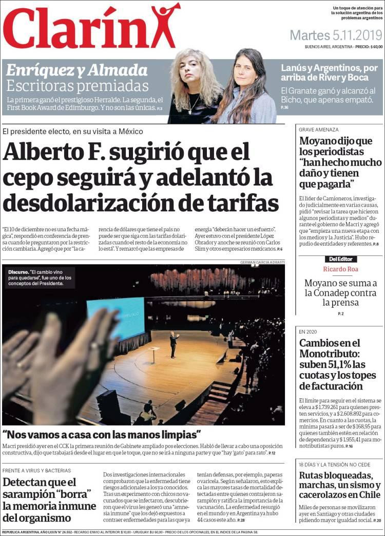 Tapas de diarios, Clarín martes 5-11-19