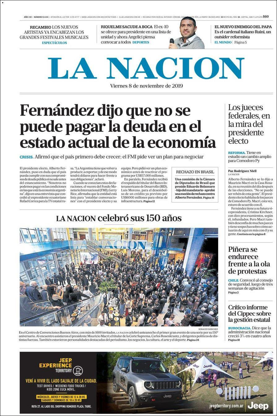Tapas de diarios, La Nación, viernes 08-11-19
