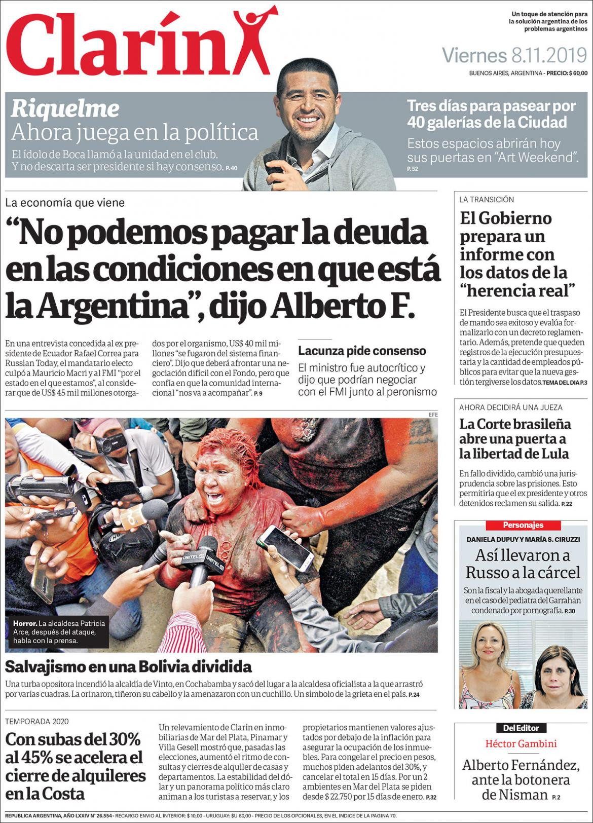 Tapas de diarios, Clarin, viernes 08-11-19