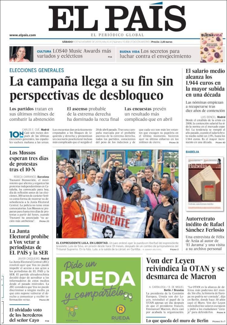 Tapas de diarios, El Pais de España, sábado 9-11-19