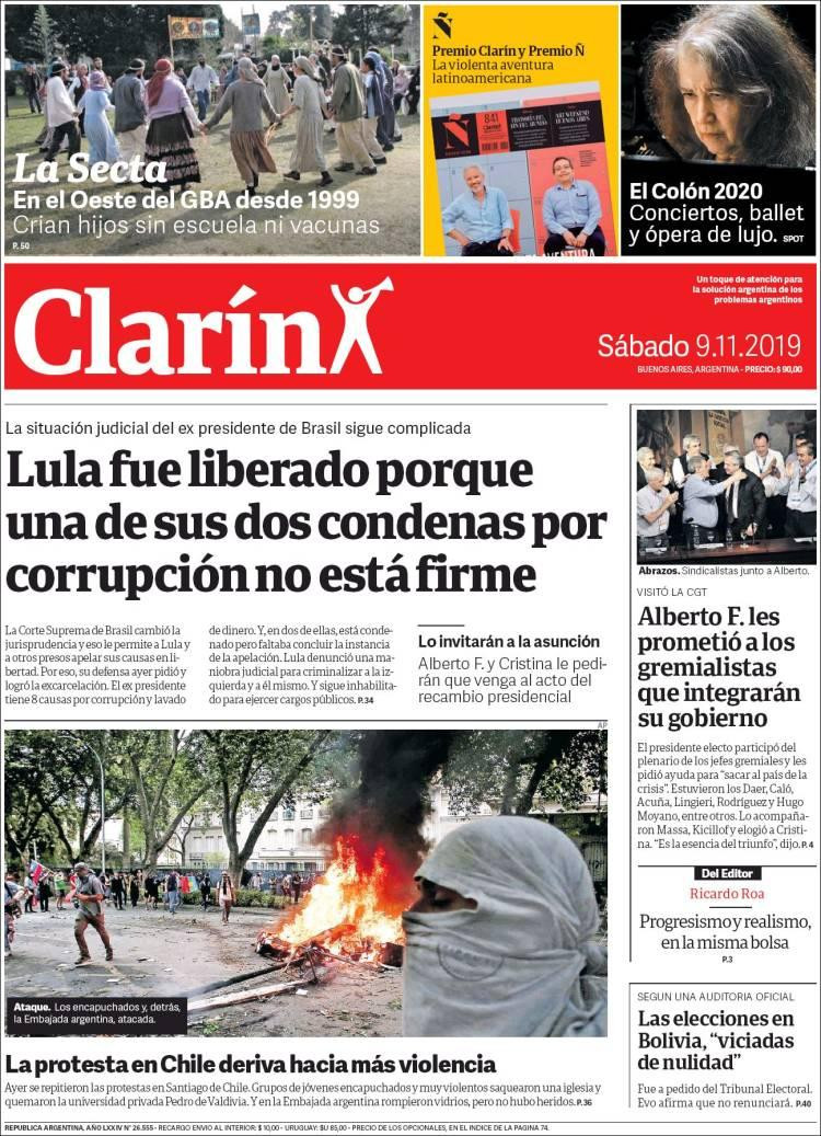 Tapas de diarios, Clarin, sábado 9-11-19