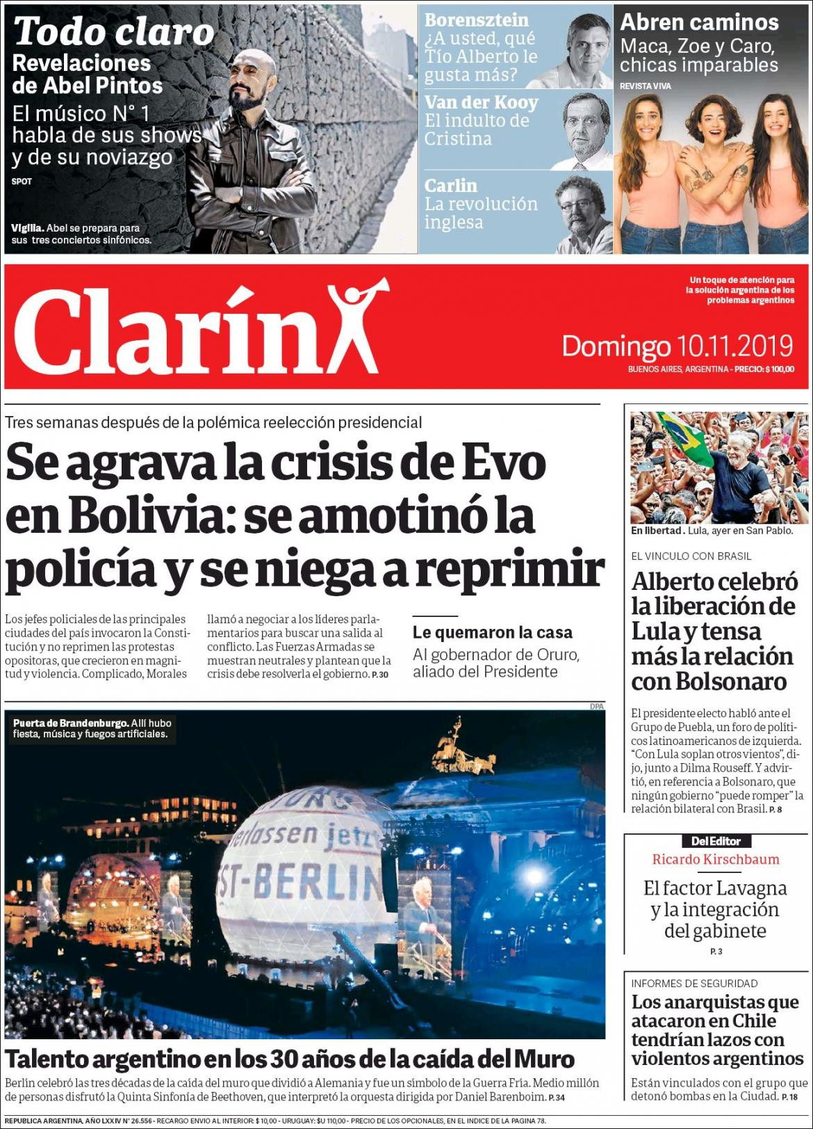 Tapas de diarios, Clarin, domingo 10-11-19