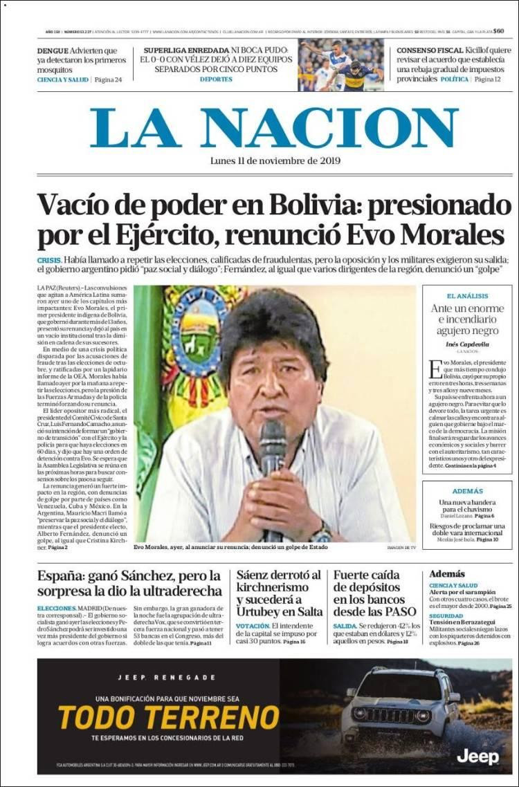 Tapas de diarios, La Nación lunes 11-11-19