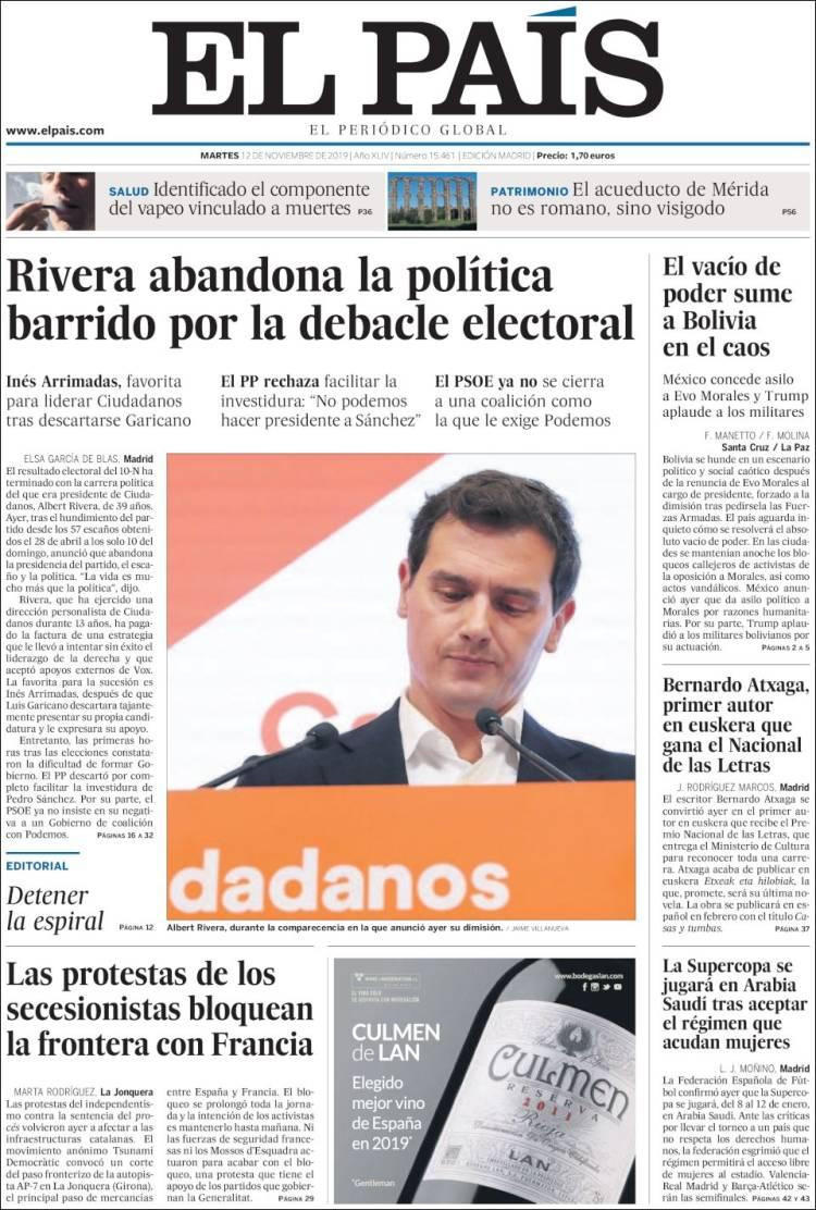 Tapas de diarios, El Pais de España, martes 12-11-19