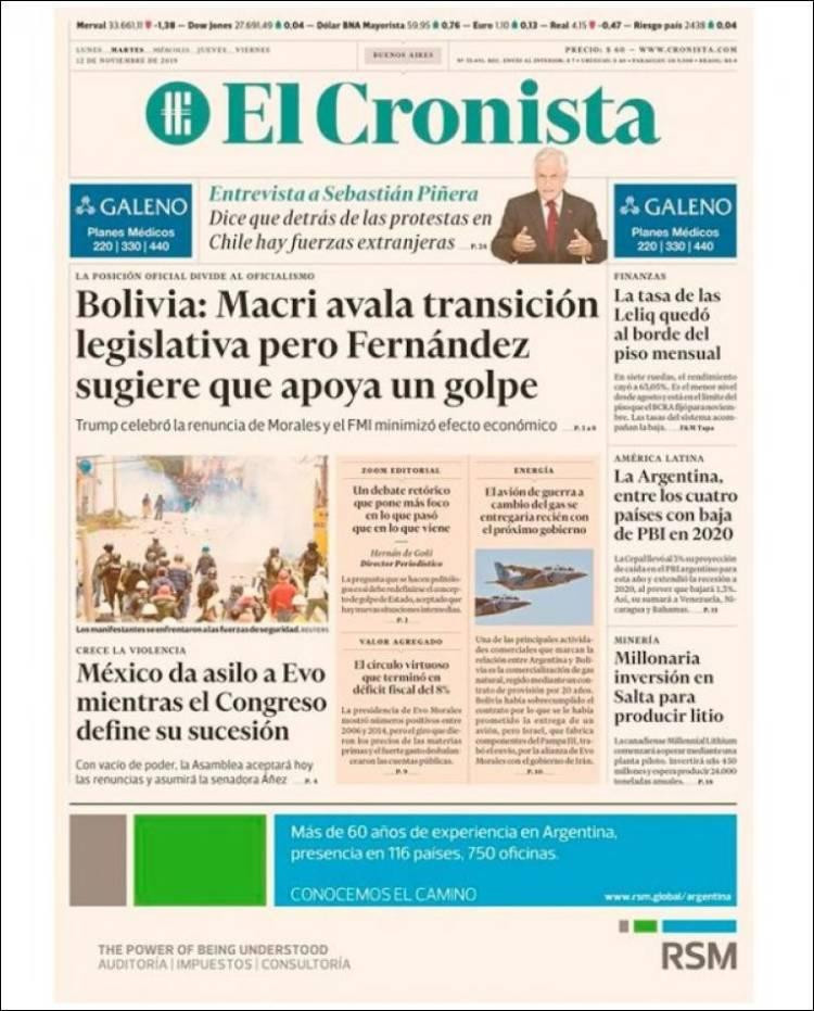 Tapas de diarios, El Cronista, martes 12-11-19
