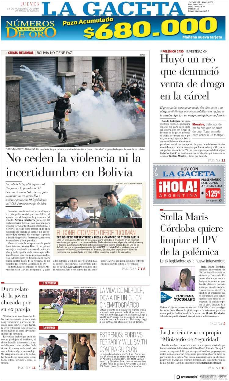 Tapas de diarios, La Gaceta jueves 14-11-19