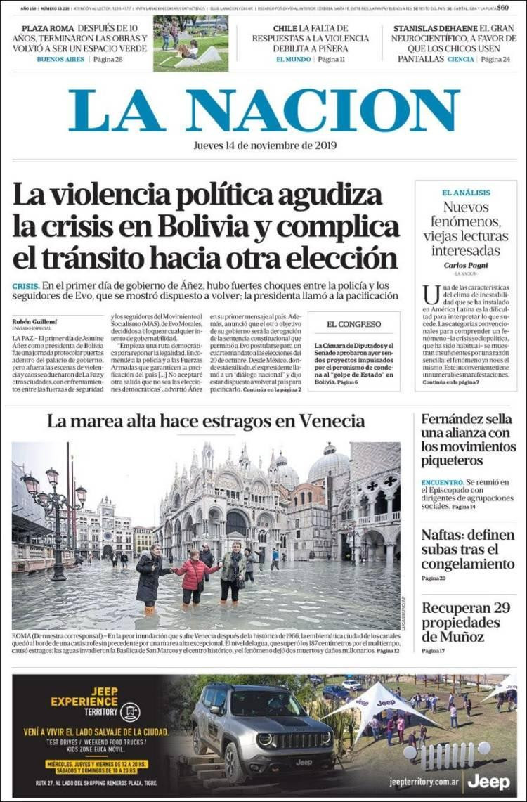 Tapas de diarios, La Nación jueves 14-11-19