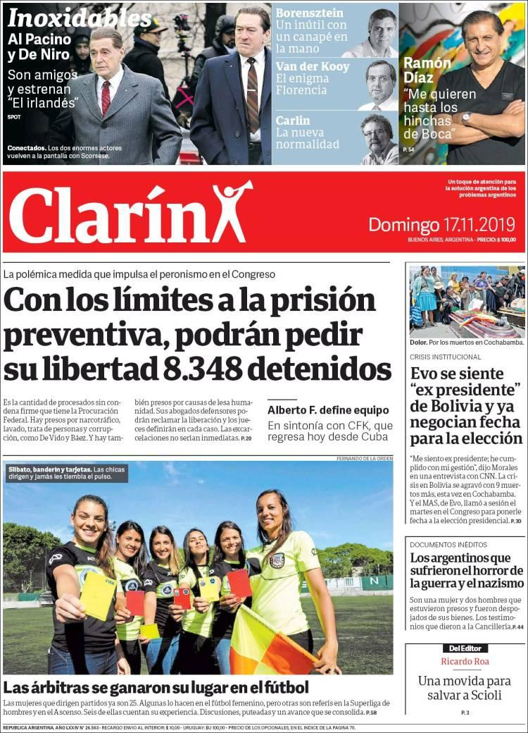 Tapas de diarios, Clarín, domingo 17 de noviembre de 2019	