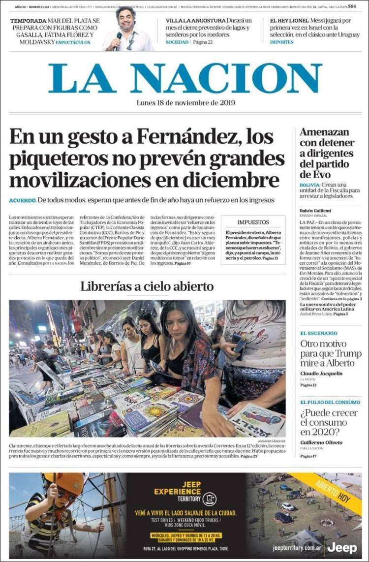 Tapas de diarios, La Nación, lunes 18-11-19