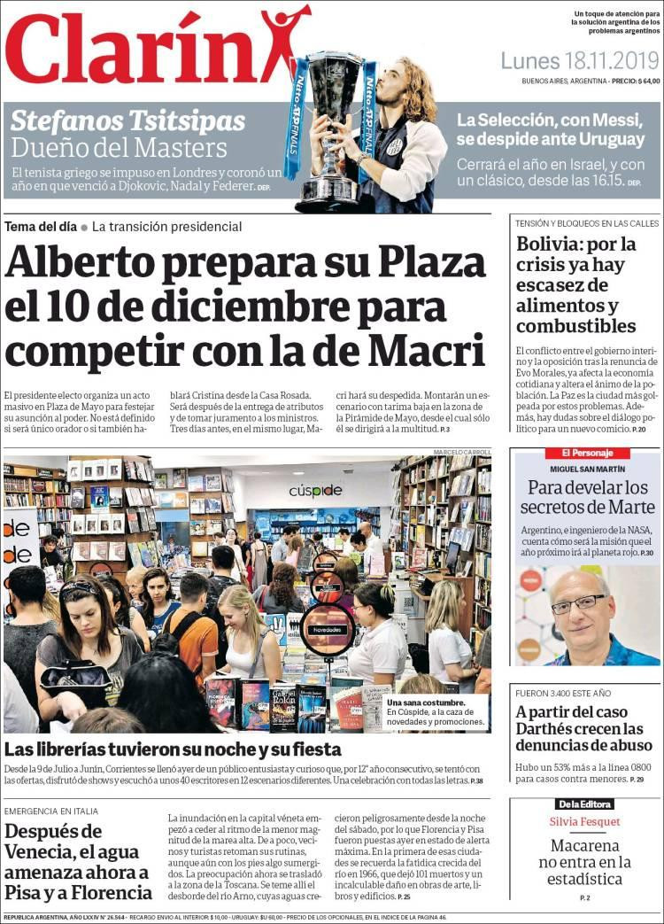 Tapas de diarios, Clarín, lunes 18-11-19