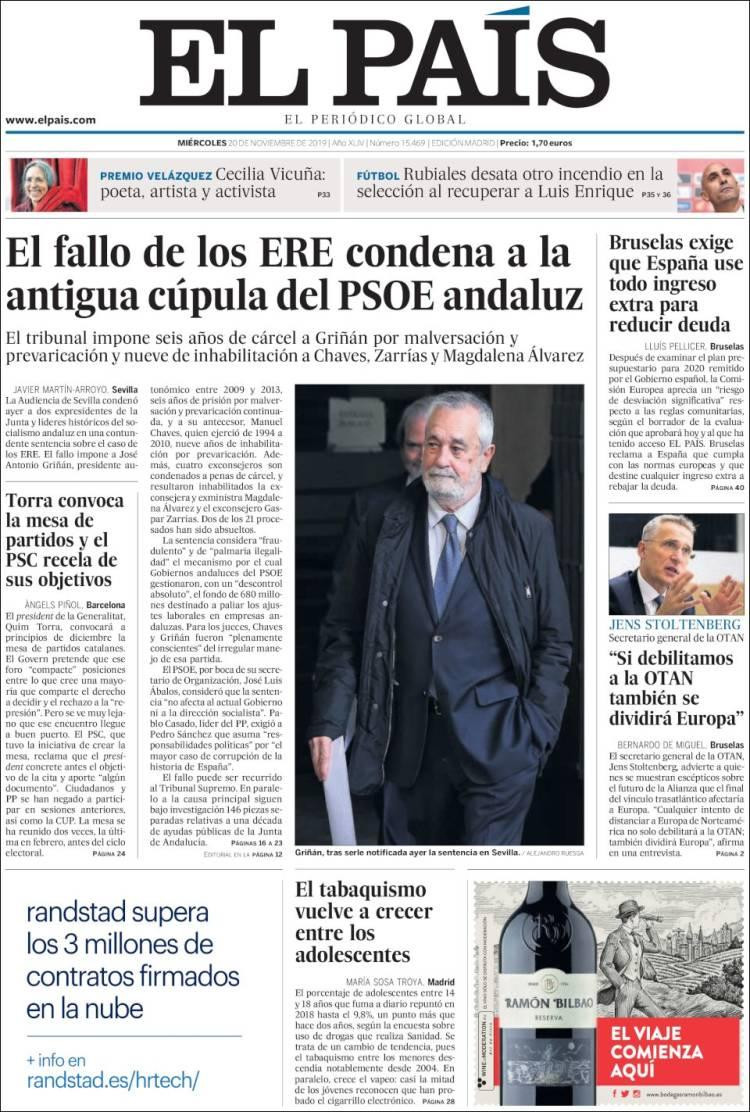 Tapas de diarios, El Pais de España, miércoles 20-11-19