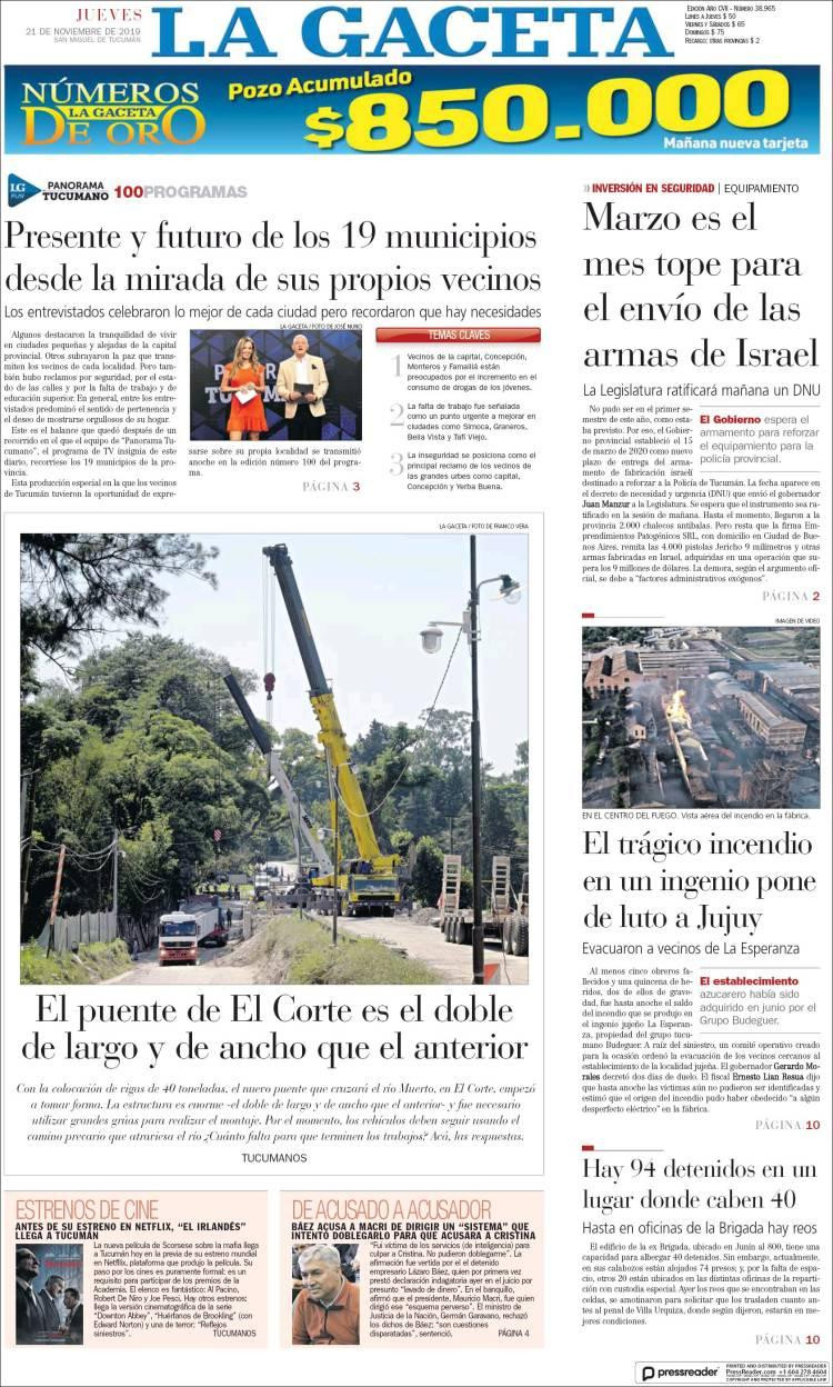 Tapas de diarios, La Gaceta, Jueves 21-11-19