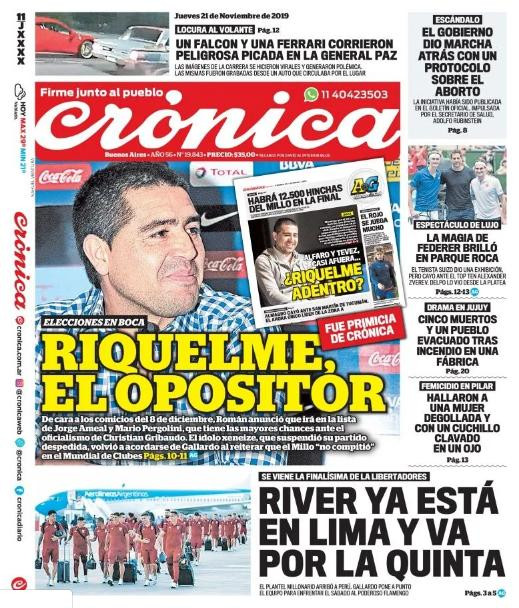 Tapas de diarios, Crónica, Jueves 21-11-19