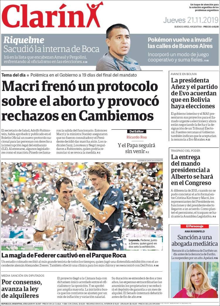 Tapas de diarios, Clarín, Jueves 21-11-19