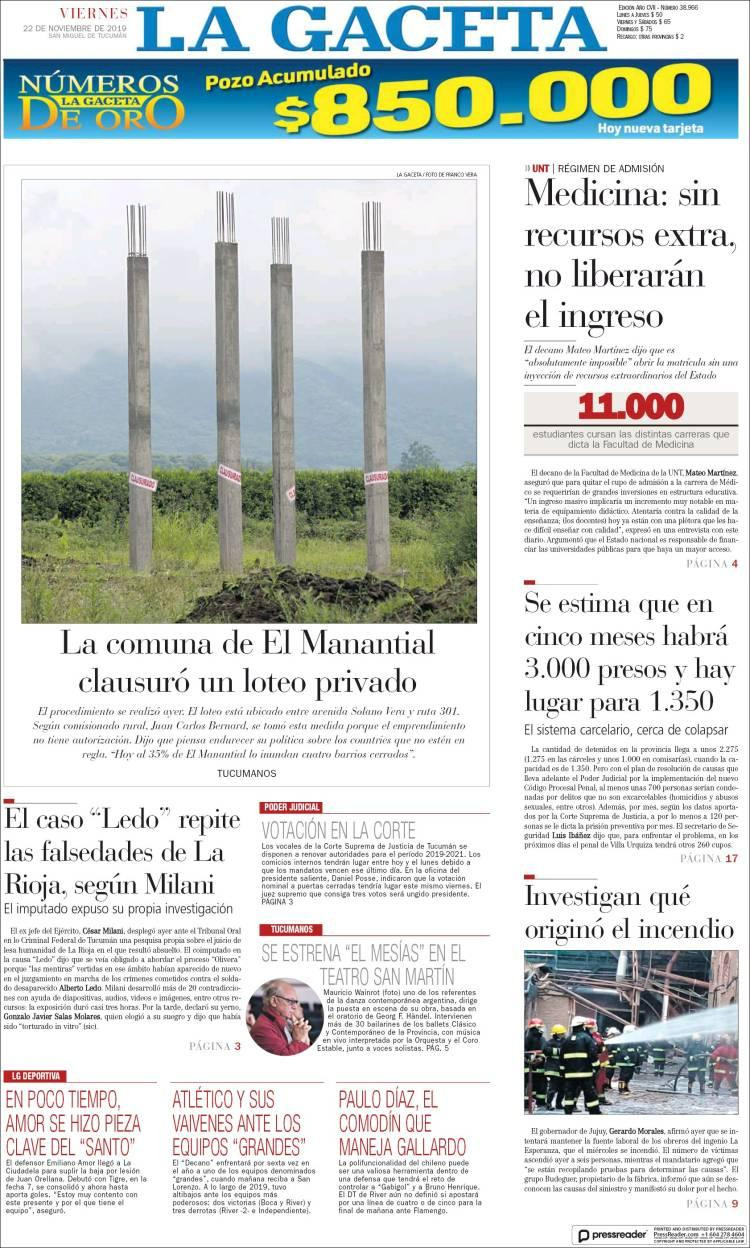 Tapas de diarios, La Gaceta viernes 22-11-19