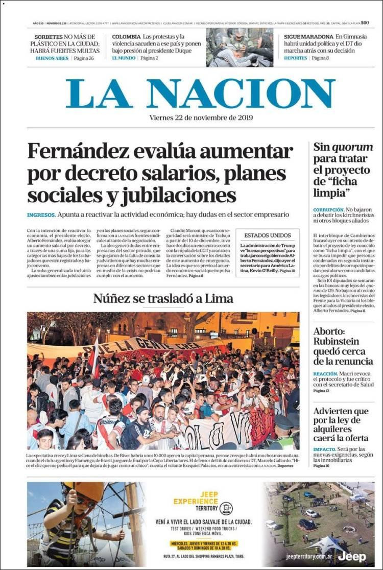 Tapas de diarios, La Nación viernes 22-11-19