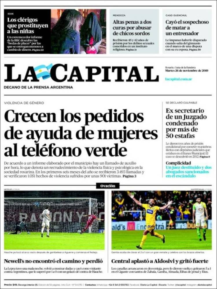 Tapas de diarios, La Capital 26 de de noviembre de 2019