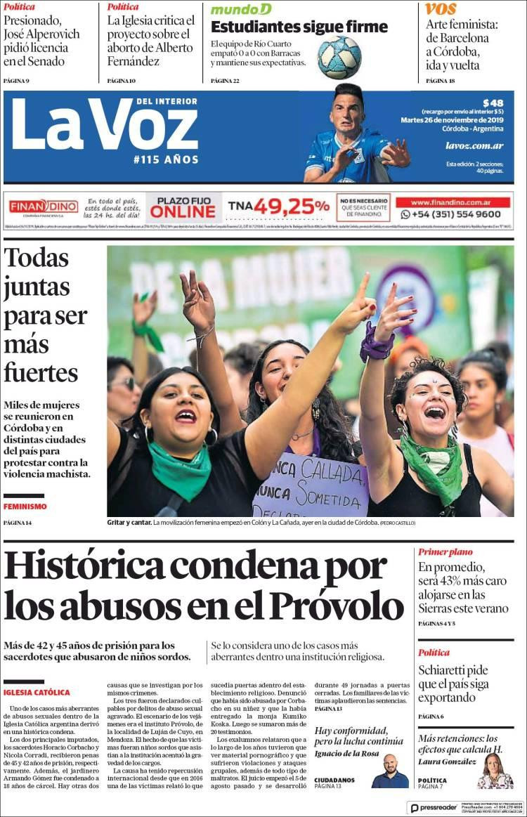 Tapas de diarios, La Voz 26 de de noviembre de 2019