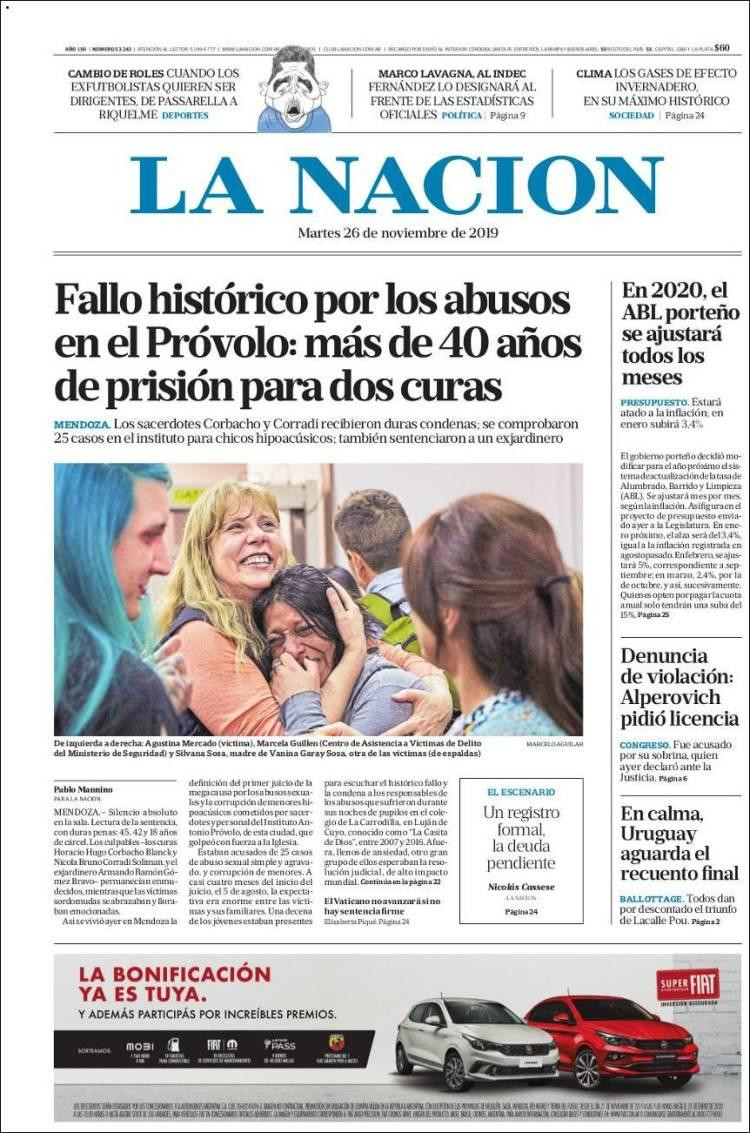 Tapas de diarios, La Nación 26 de de noviembre de 2019
