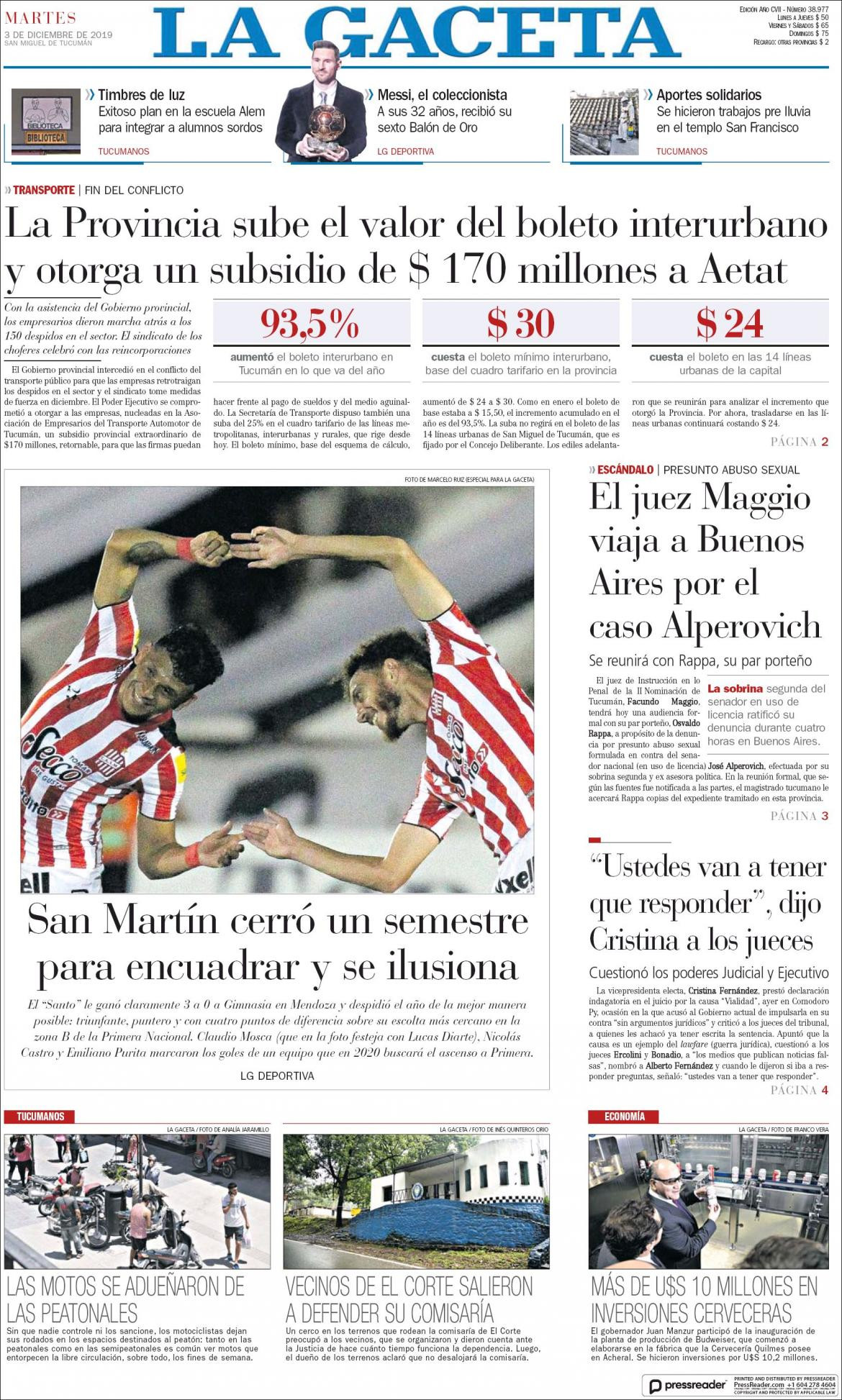 Tapas de diarios, La Gaceta, martes 3 de diciembre de 2019