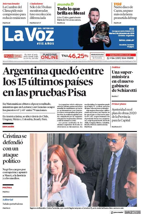 Tapas de diarios, La Voz del Interior, martes 3 de diciembre de 2019