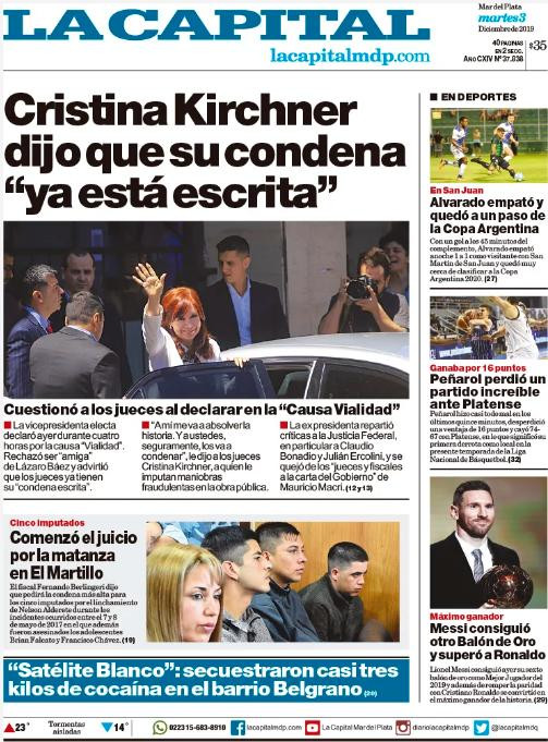 Tapas de diarios, La Capital de Mar del Plata, martes 3 de diciembre de 2019