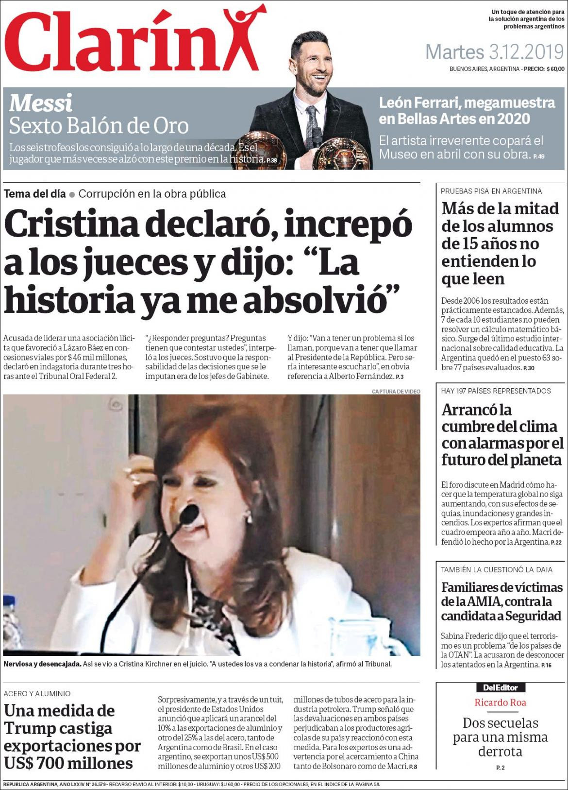 Tapas de diarios, Clarin, martes 3 de diciembre de 2019