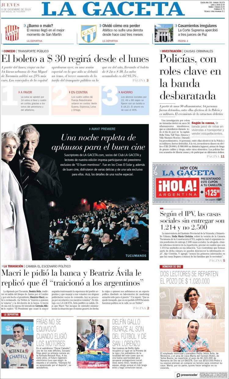 Tapas de diarios, La Gaceta jueves 05-12-19