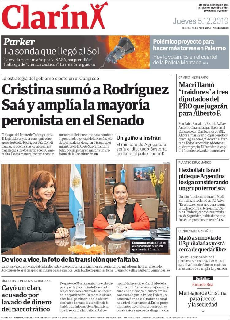 Tapas de diarios, Clarín jueves 05-12-19