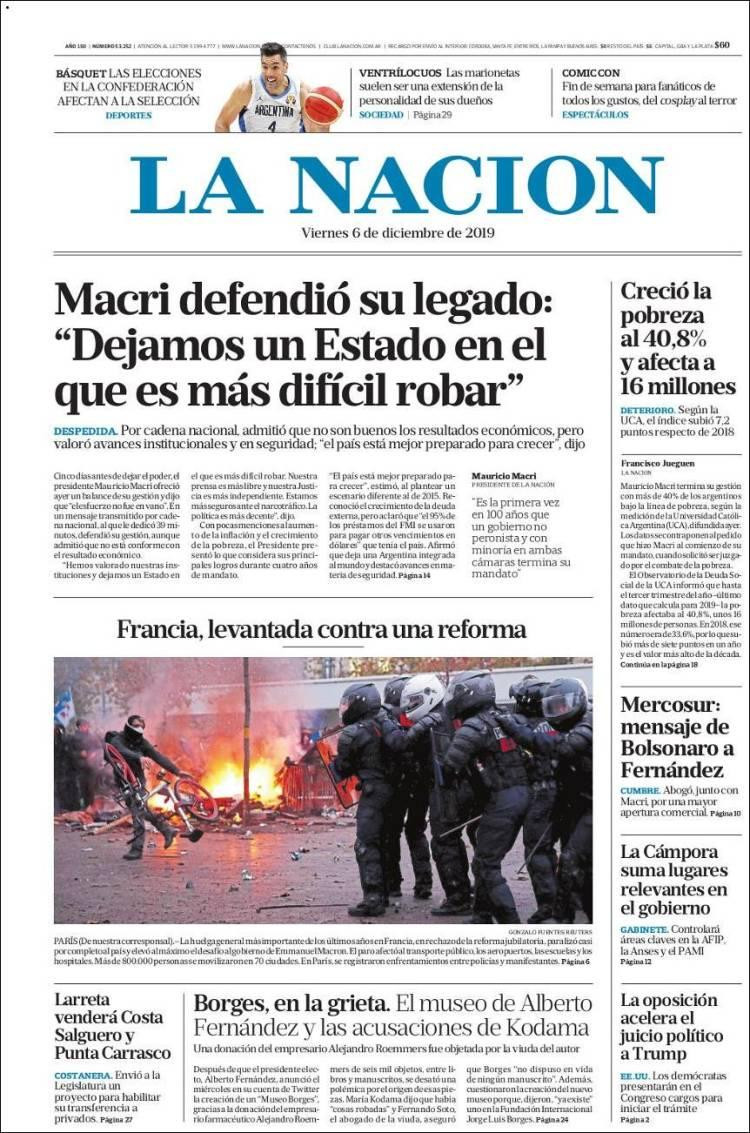 Tapas de diarios, La Nación, viernes 6-12-19