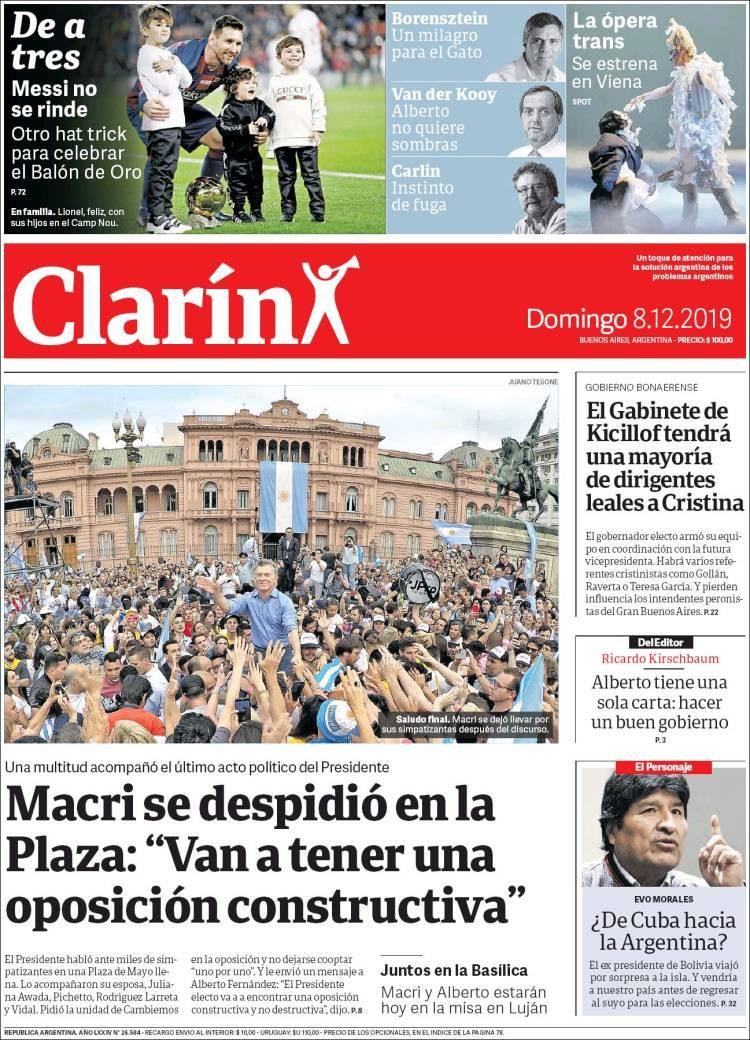 Tapas de diarios, Clarín, domingo 8 de diciembre de 2019	