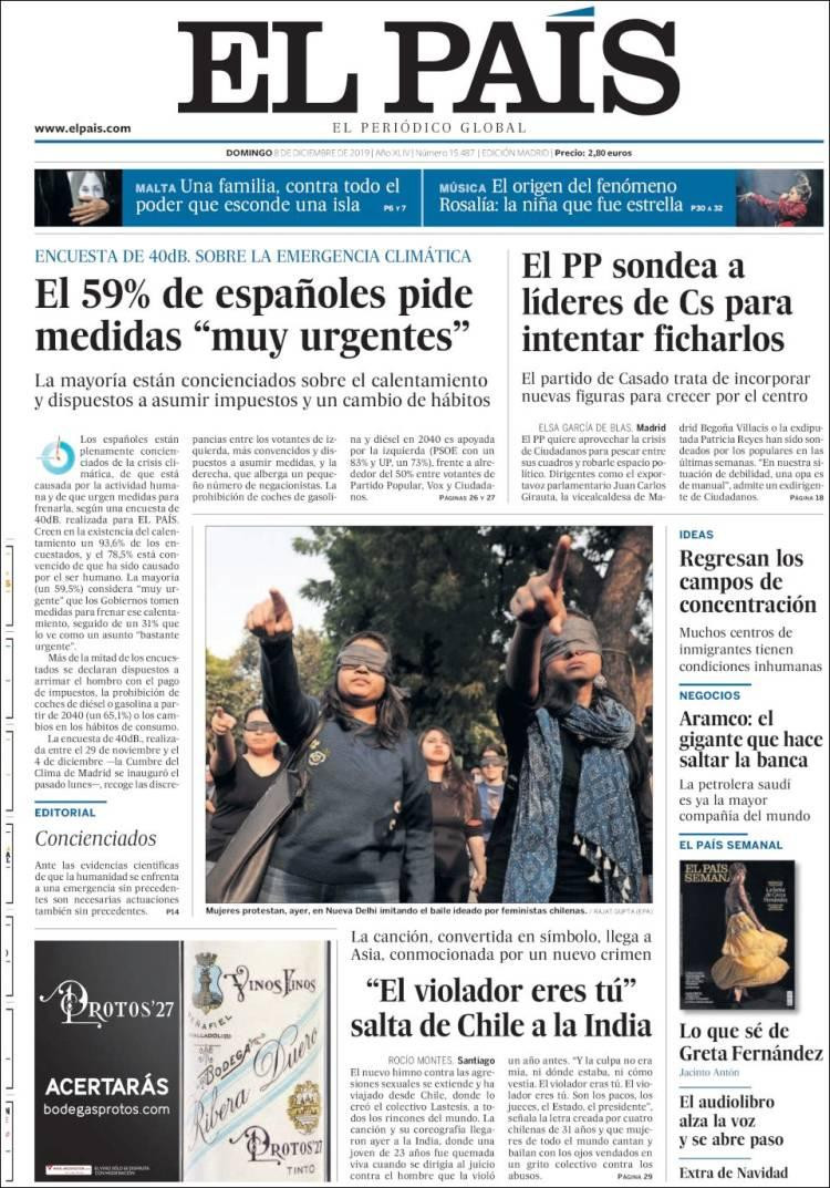 Tapas de diarios, El País, domingo 8 de diciembre de 2019	