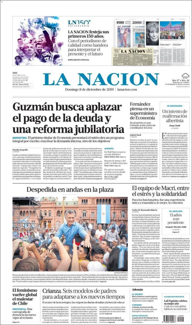 Tapas de diarios, La Nación, domingo 8 de diciembre de 2019	