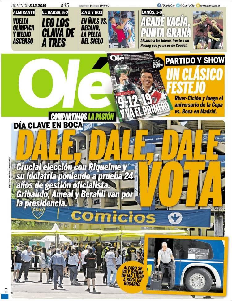 Tapas de diarios, Olé, domingo 8 de diciembre de 2019	