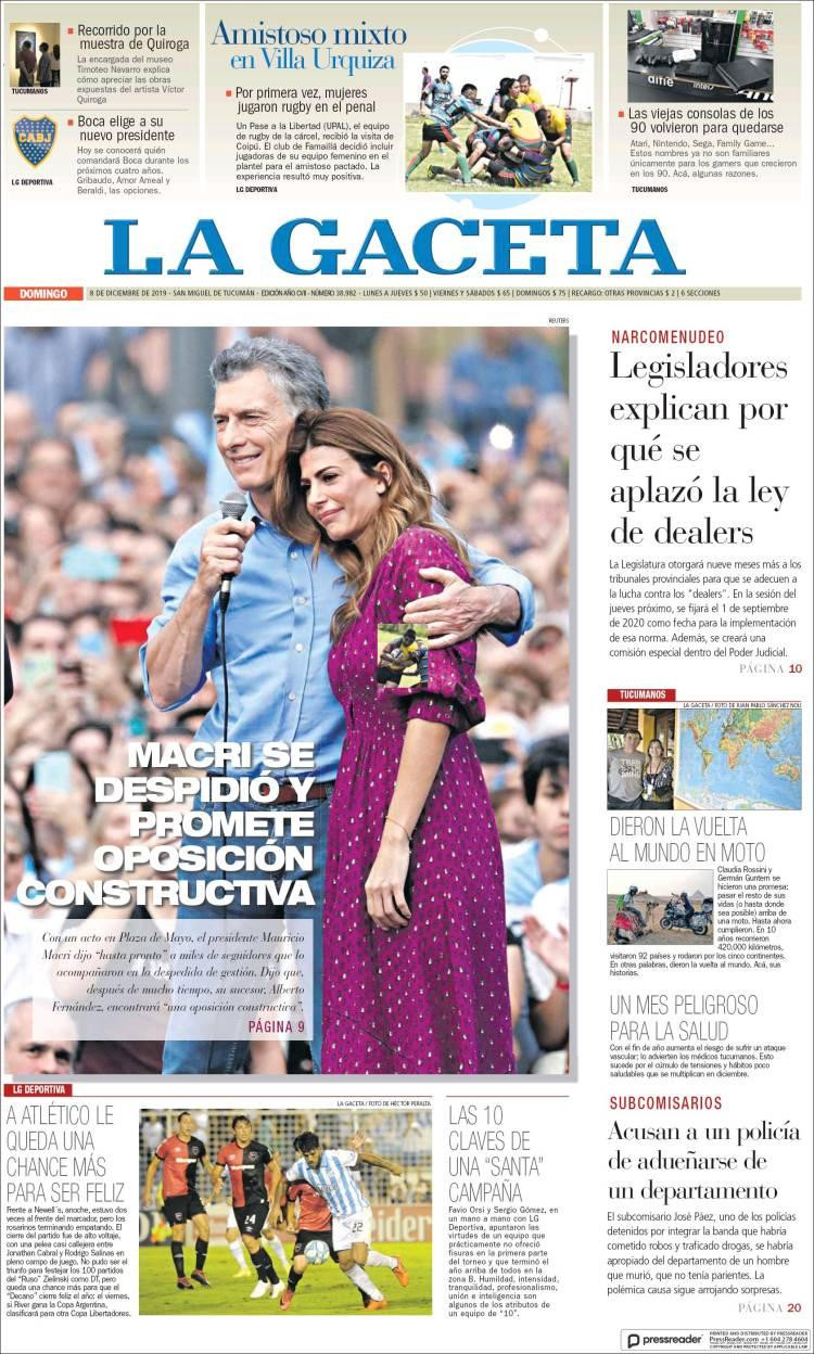 Tapas de diarios, La Gaceta, domingo 8 de diciembre de 2019	