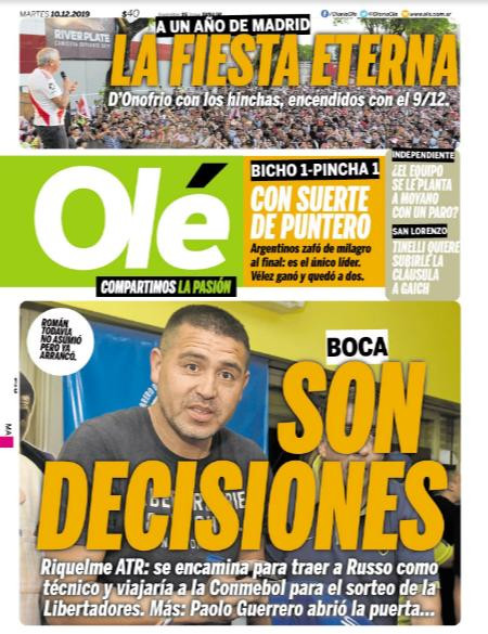 Tapa de Olé, martes 10 de diciembre de 2019