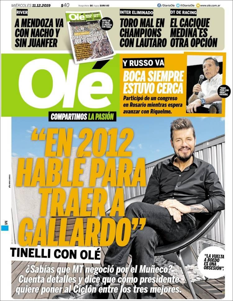 Tapas de diarios, Olé miércoles 11 de diciembre de 2019